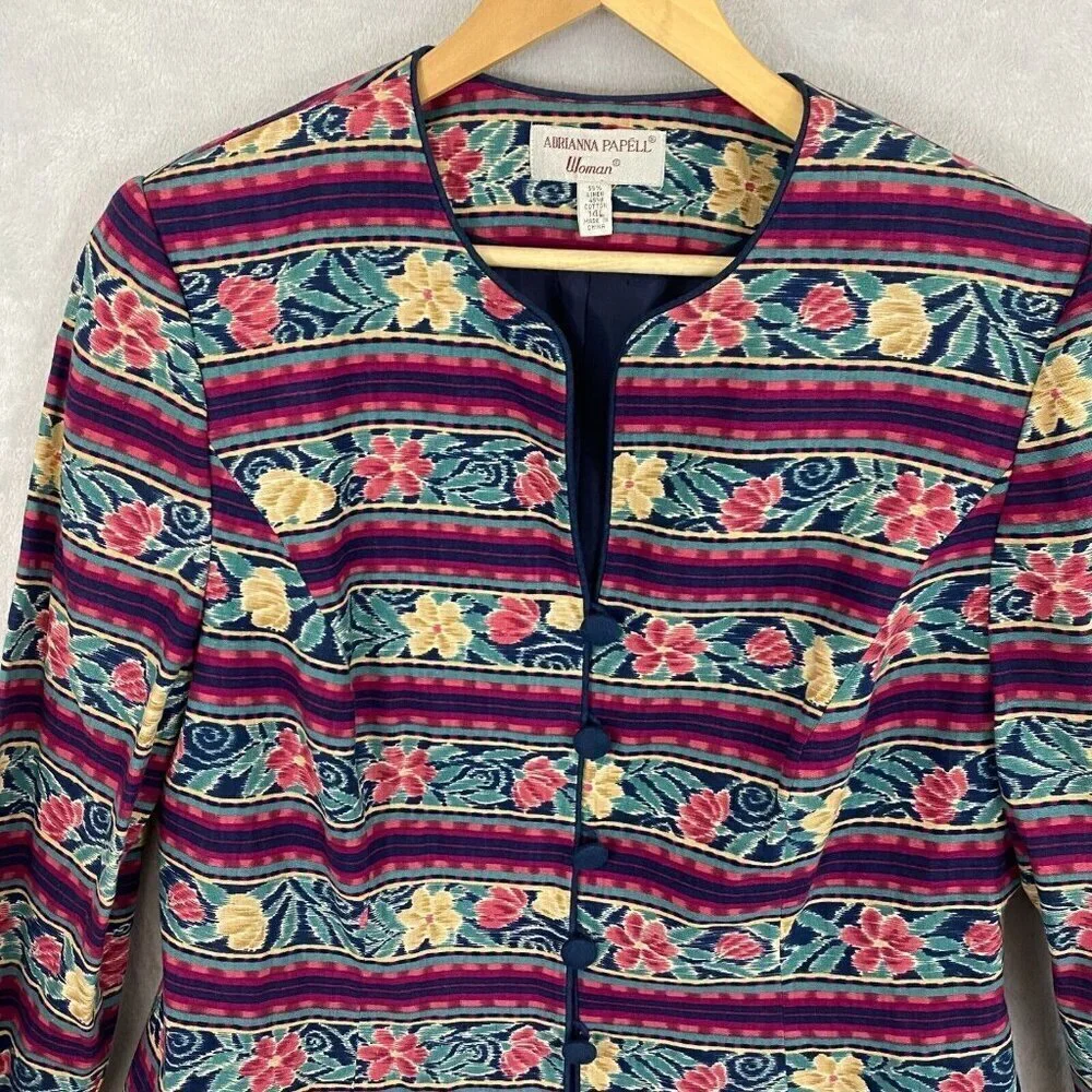 Vintage‎ Adrianna Papell Linen Blend Jacket Womens 14L Floral Stripe Retro 80s